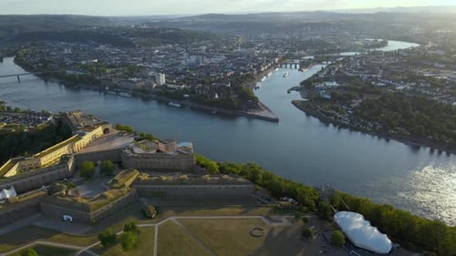 Drone aerial shot of Ehrenbreitstein Fortress in Germany, a UNESCO World Heritage Site built between