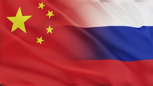 Waving Flags of China and Russia Seamless Loop Background