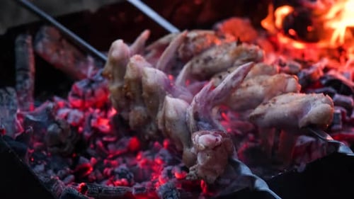 Abends Hähnchenflügel auf dem Grill auf dem Campingplatz im Freien kochen