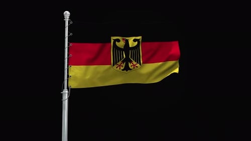 Realistic German Flag Waving on Flagpole with Emblem