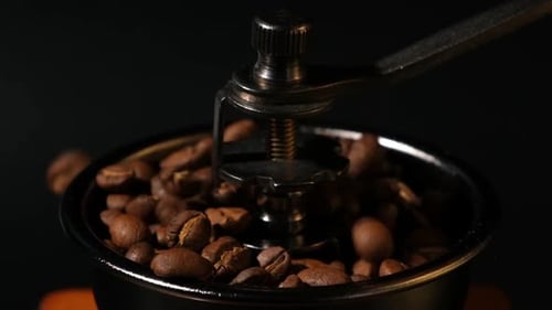 Slow motion of roasted coffee beans falling. Organic coffee seeds.