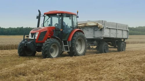 Agricultural Tractor Towing Trailer in Summer Day.