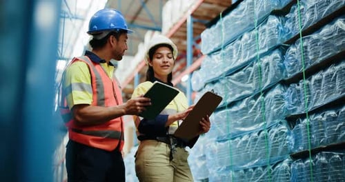 Supply chain, team and people on tablet in warehouse for distribution, shipping and inventory