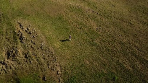 Aerial Video of Man Walking in Picturesque Valley on Green Grass Towards a River Drone Tracking Shot