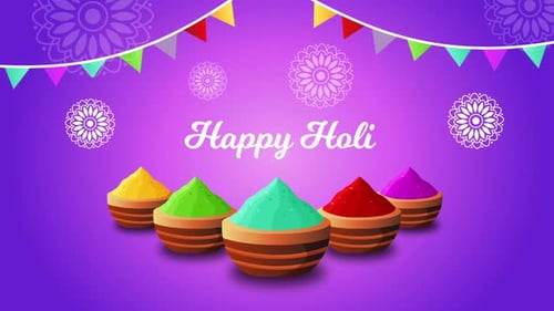 Happy Holi Title Animation with Festive Powder Bowls