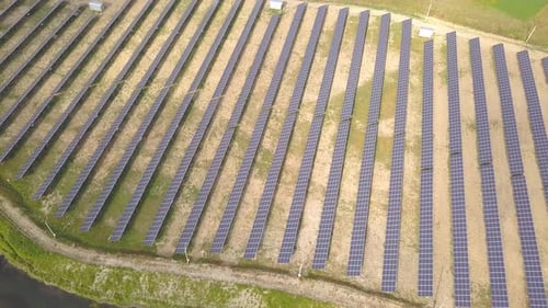Aerial View of Solar Power Plant Electric Panels for Producing Clean Ecologic Energy