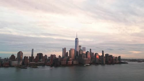 Manhattan View From Above Twilight Sky Forwards Fly Above Street Between Modern Buildings Day in