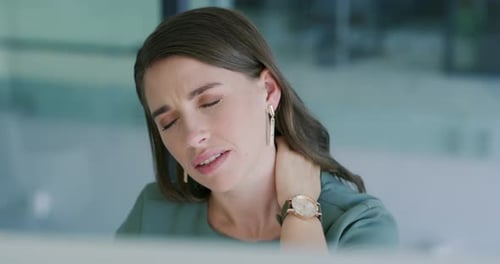 Businesswoman, stress and neck pain from burnout in office, muscle tension and pain or anxiety