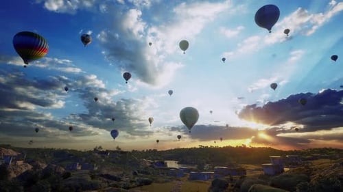 Hot Air Balloons, Slowly Flying Up With Others Over The City, Sunset Time