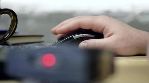Close Side View Worker Operates with Computer Mouse By Hand