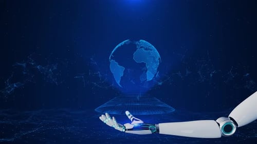 Futuristic Robotic Arm Holding Digital Earth Hologram