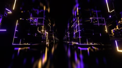 Purple And Yellow Cyber Space With Neon Abstract Cubic Forms Background Vj Loop In 4K