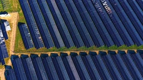 Rows of solar panels in a field under a clear blue sky.