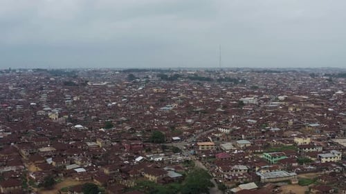 Aerial view of brown roof buildings in Ibadan the largest west african city, Nigeria.