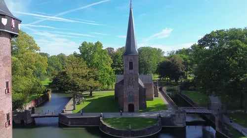 Top view of the largest castle in the Netherlands, De Haar. A beautiful quadcopter flight