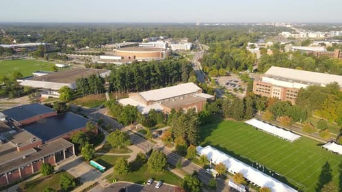 Demonstration Hall and Jenison Field House of Michigan University, aerial drone view