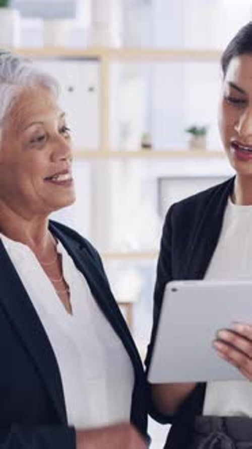 Meeting, discussion and tablet with business people in office for investment banker