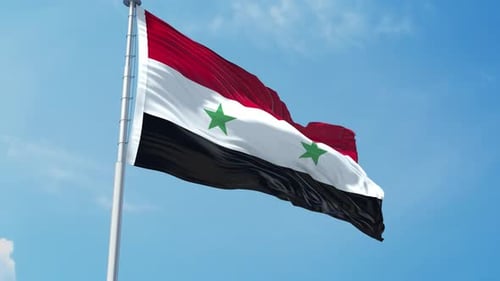Realistic Waving Syrian National Flag Against Blue Sky