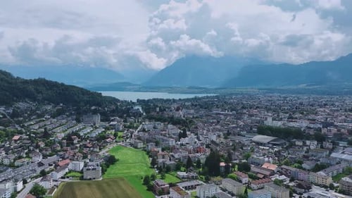 Swiss Town Of Thun On The Lake Shore