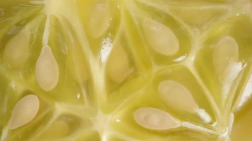 The half of a Kiwano cucumber with its flesh and seeds rotates and falls onto the table among other