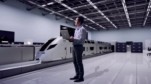 Engineer with Laptop Inspecting Futuristic Train