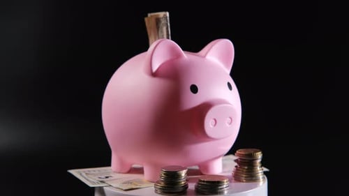 Piggy Bank with Coins and Cash By Dark Background