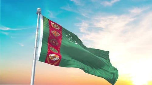 Turkmenistan Flag Waving Against a Vibrant Sky Background