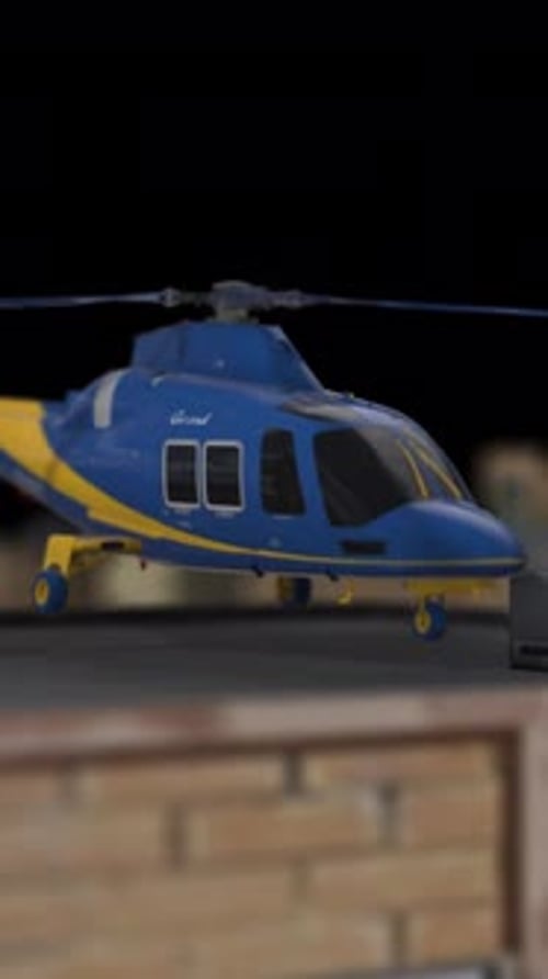 Hubschrauber bereitet sich darauf vor, auf dem Dach eines Gebäudes in der Stadt senkrecht am Alpha-Kanal zu fliegen