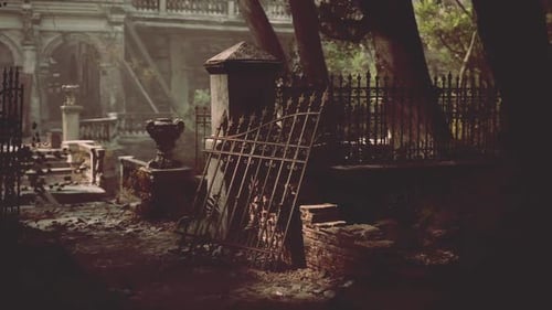Ruins of an Old European Mansion with Ornate Gates and Overgrown Grounds