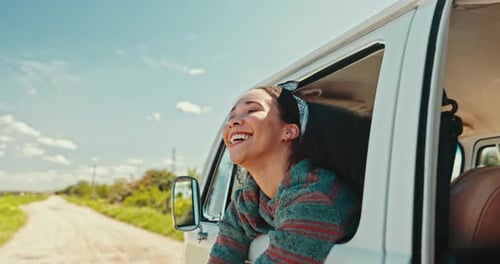 Happy woman, freedom and van road trip with travel, excited and driving journey in countryside