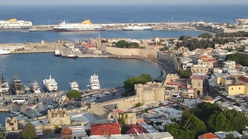 Aerial video over the old city of Rhodes, on the island of Rhodes, Greece
