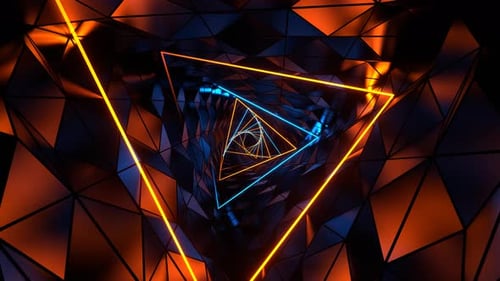 Orange And Blue Neon Ribbed Triangular Spiral Tunnel Background Vj Loop In 4K