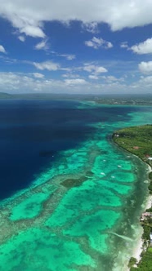 Vertical Aerial Descending Pan Left Panorama of Panglao Beach in Panglao, Bohol