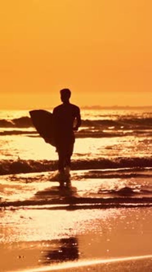 Surfista caminhando na praia ao pôr do sol