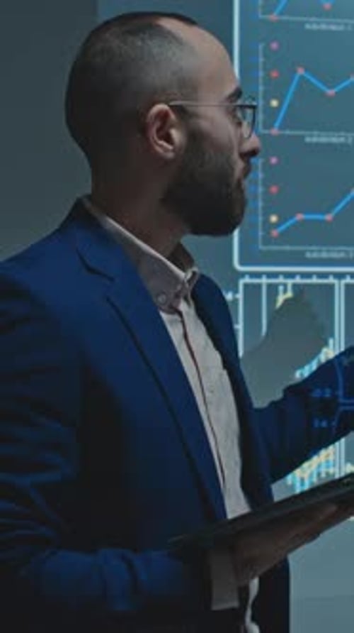 Male Scientist Presenting Research on Projector Screen at Conference