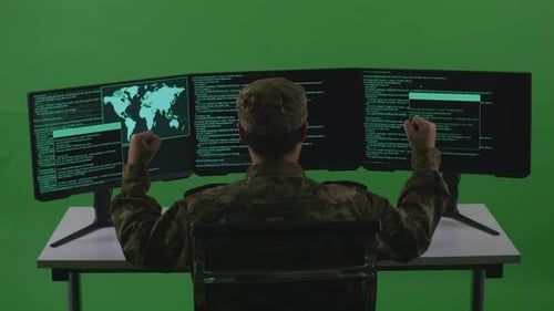 Man Soldier Developer Celebrating While Write Code With Multiple Screens In Green Screen