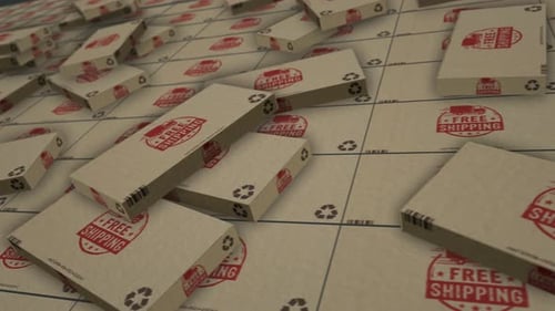 Seamless 3D Animation of Cardboard Boxes with Free Shipping Stamp
