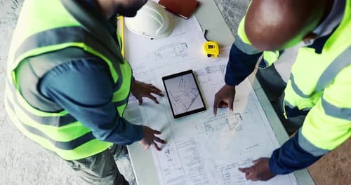 Architect, hands and team at tablet screen with floor plan, design update