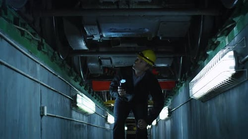 Technician in Hard Hat with Flashlight in Hand Inspecting Train