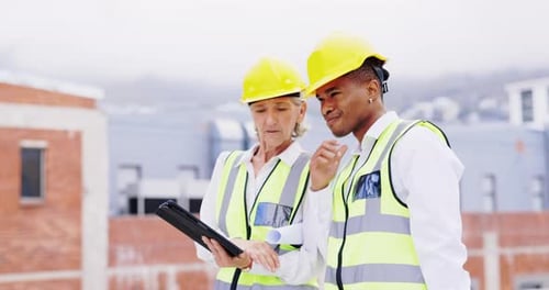Tablet, construction site or engineering people planning or speaking of building strategy