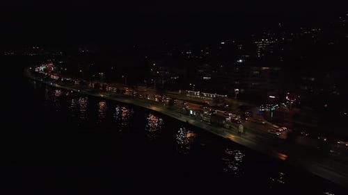 Coastal City Road at Night Aerial View