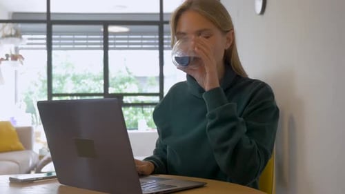 Woman Working On Laptop, Drinking at Home