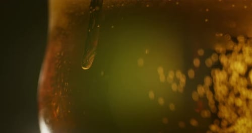 Golden Beer Pouring and Bubbling in Glass