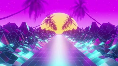 Retro Synthwave Road Animation with Palm Trees