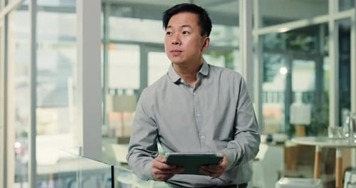 Agenda, tablet and thinking with business man in glass office for online planning or research