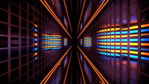 Orange And Blue Wavy Neon Walls Behind Bars Tunnel Background Vj Loop In 4K