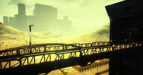 Urban Landscape Under a Yellow Sky Reveals a Distant Futuristic City