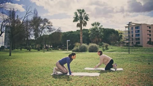 Des femmes en forme profitent d'un entraînement au burpee power et d'un entraînement cardiovasculaire au parc de la ville