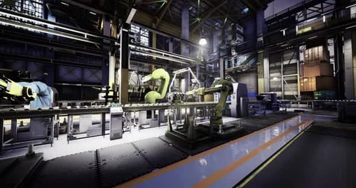 Modern Industrial Facility with Robotic Arms and Assembly Line Operations