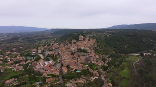 Aerial view of scenic Bonnieux commune in Vaucluse at sunrise, France